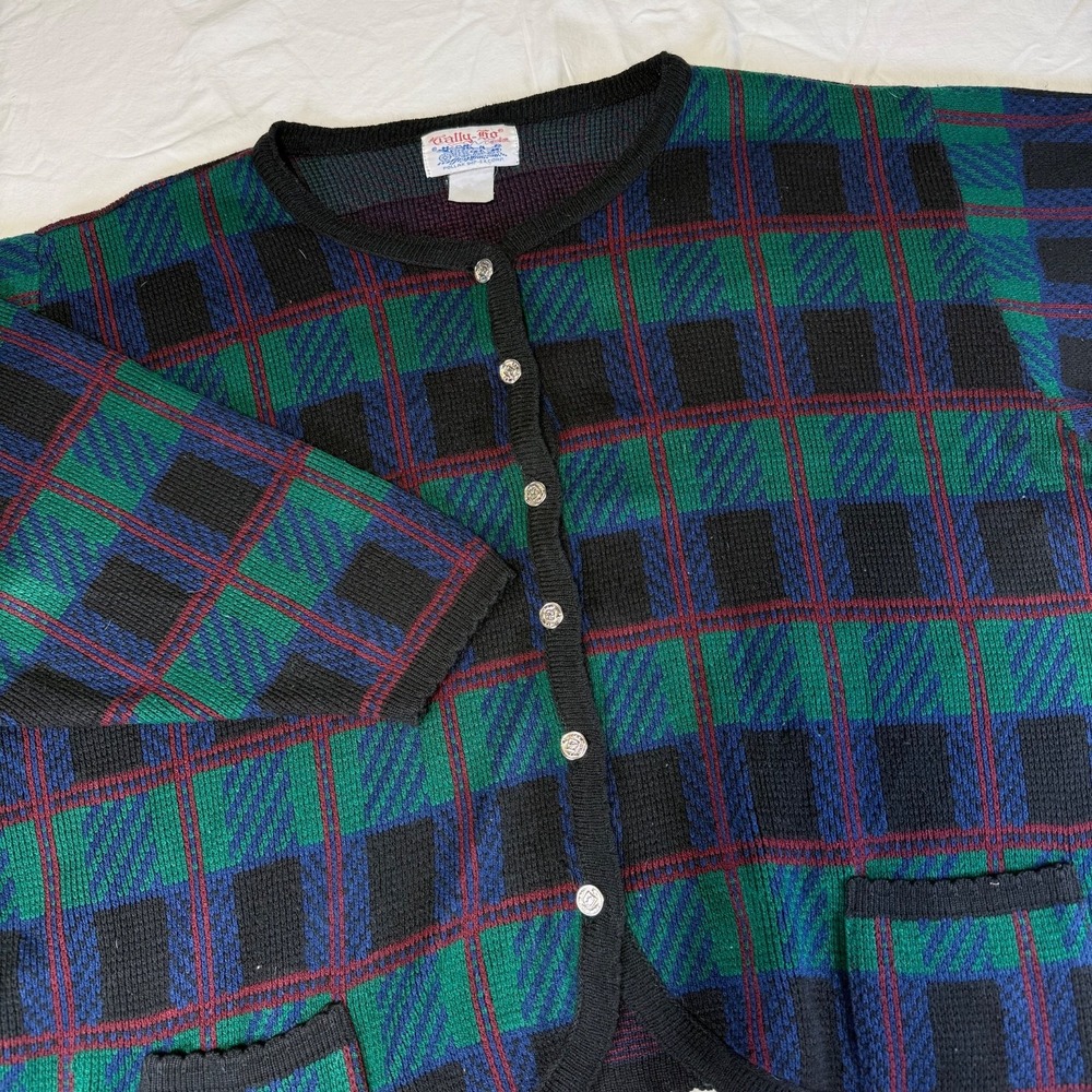 Vintage Tally-Ho Black Watch Tartan Plaid Cardigan Sweater Women's Size 2X